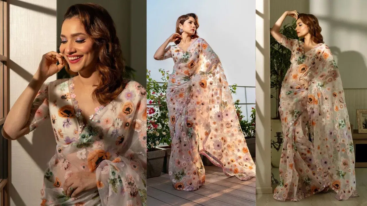 വൈബ്രൻ്റ് മൾട്ടി-കളർ ഫ്ലോറൽ ഓർഗൻസ സാരി - കടപ്പാട്: ഇൻസ്റ്റാഗ്രാം