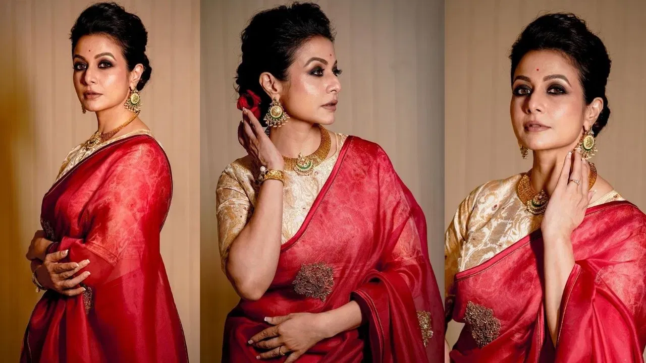 വൈവിധ്യമാർന്ന ആകർഷകത്വവും ഉപയോഗിച്ച് ഉത്സവ സീസണുകളിൽ സുന്ദരികളാകാം. ചുവപ്പിൽ ഗോൾഡൻ ഡിസൈൻ സാരിയിൽ തിളങ്ങി കോയൽ മല്ലിക്. Image Credit: Instagram
