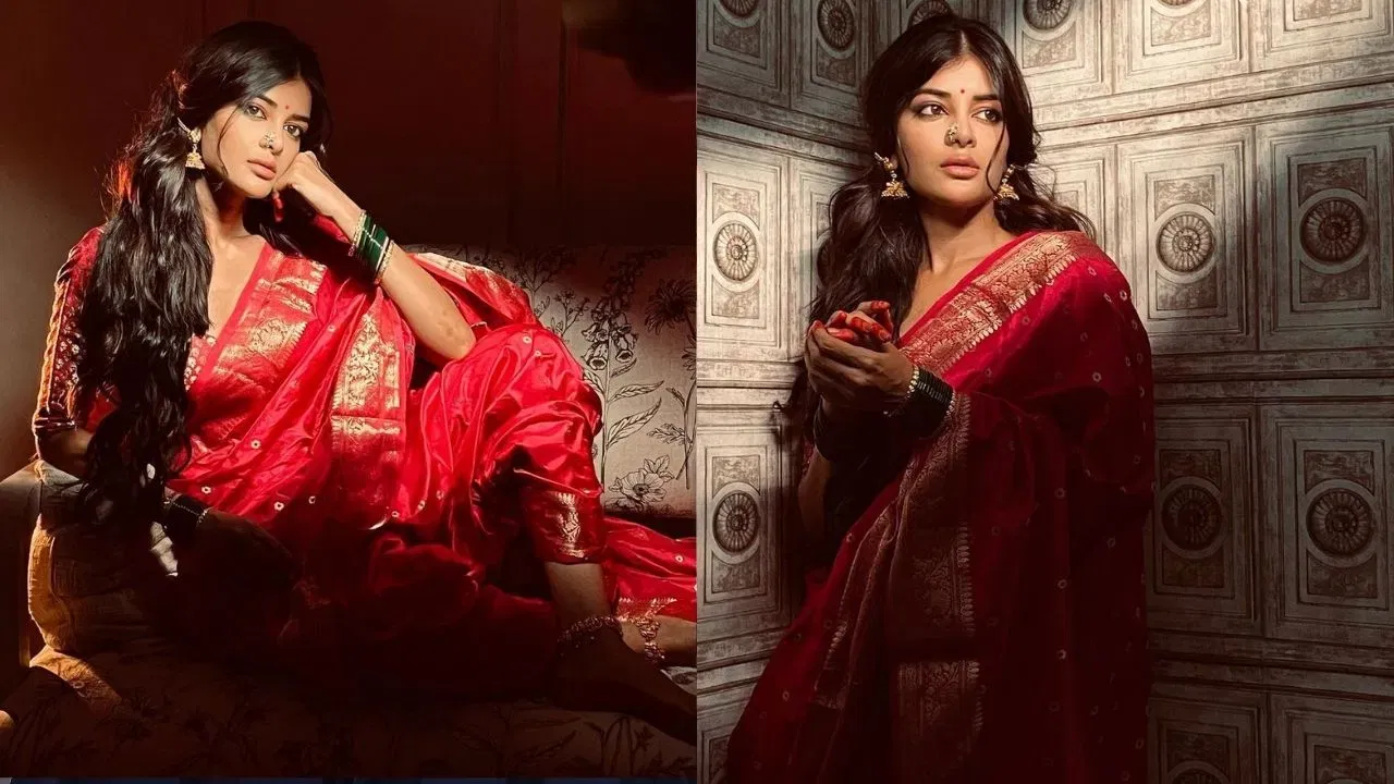 സമ്പന്നമായ ചുവന്ന ബനാറസി സാരിയിൽ, സങ്കീർണ്ണമായ സ്വർണ്ണാഭരണങ്ങൾ കൊണ്ട് അതിസുന്ദരിയായി മധുമിത സർകാർ. Image Credit: Instagram