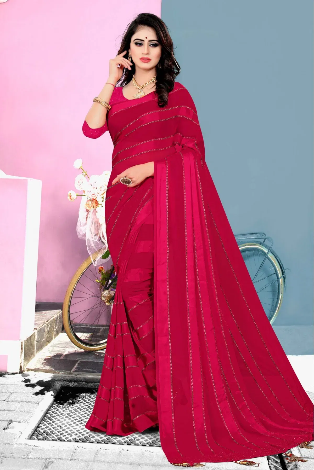 Georgette-And-Satin-Designer-Saree-In-Dark-Pink-Colour-SR1542337-A