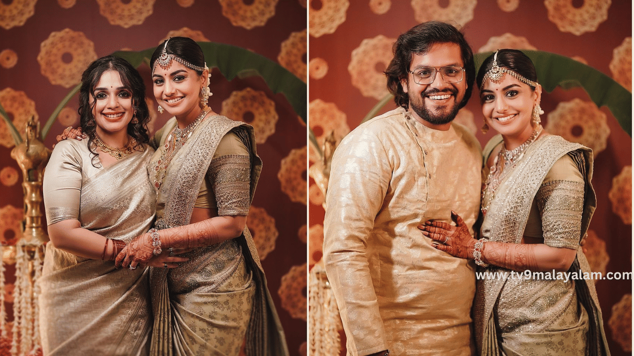 ഗുരുവായൂർ വച്ച് നടന്ന വിവാഹത്തിന് സിംമ്പിളായാണ് മീര എത്തിയത്. എന്നാൽ അതിന് ശേഷം താരങ്ങൾക്കായി ഒരുക്കിയ റിസപ്ഷനിൽ അതിസുന്ദരിയായാണ് മീര എത്തിയത്. വൻ താരനിരയാണ് വിവാഹത്തിനെത്തിയത്. റിസപ്ഷനും പേസ്റ്റൽ നിറമാണ് മീര തിരഞ്ഞെടുത്ത്.  സിൽവർ സ്റ്റോൺ വർക്കുകൾ വരുന്ന വീതിയുള്ള ബോർഡറുള്ള സാരിക്ക് അതേ നിറത്തിലുള്ള ബ്ലൗസാണ് പെയർ ചെയ്തത്.