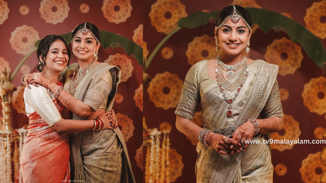 ബ്ലൗസിന്റെ സ്ലീവിലും നിറയെ സ്റ്റോൺ വർക്കുകൾ നൽകിയിട്ടുണ്ട്. ഇതിന് യോജിക്കുന്ന രീതിയിൽ പേസ്റ്റൽ നിറത്തിലുള്ള കല്ലുകൾ വരുന്ന ലോങ് ചെയ്‌നും ചോക്കറും വീതിയുള്ള വളകളും നെറ്റിച്ചുട്ടിയുമാണ് ആഭരണങ്ങളായി ധരിച്ചിരിക്കുന്നത്. ഒപ്പം മൾട്ടിലെയർ മാലയും ജിമിക്കി കമ്മലും അണിഞ്ഞിട്ടുണ്ട്. മീരയുടെ വസ്ത്രവുമായി യോജിക്കുന്ന കസവു മുണ്ടും ഫുൾ സ്ലീവ് ഷർട്ടുമായിരുന്നു ശ്രീജുവിന്റെ ഔട്ട്ഫിറ്റ്.