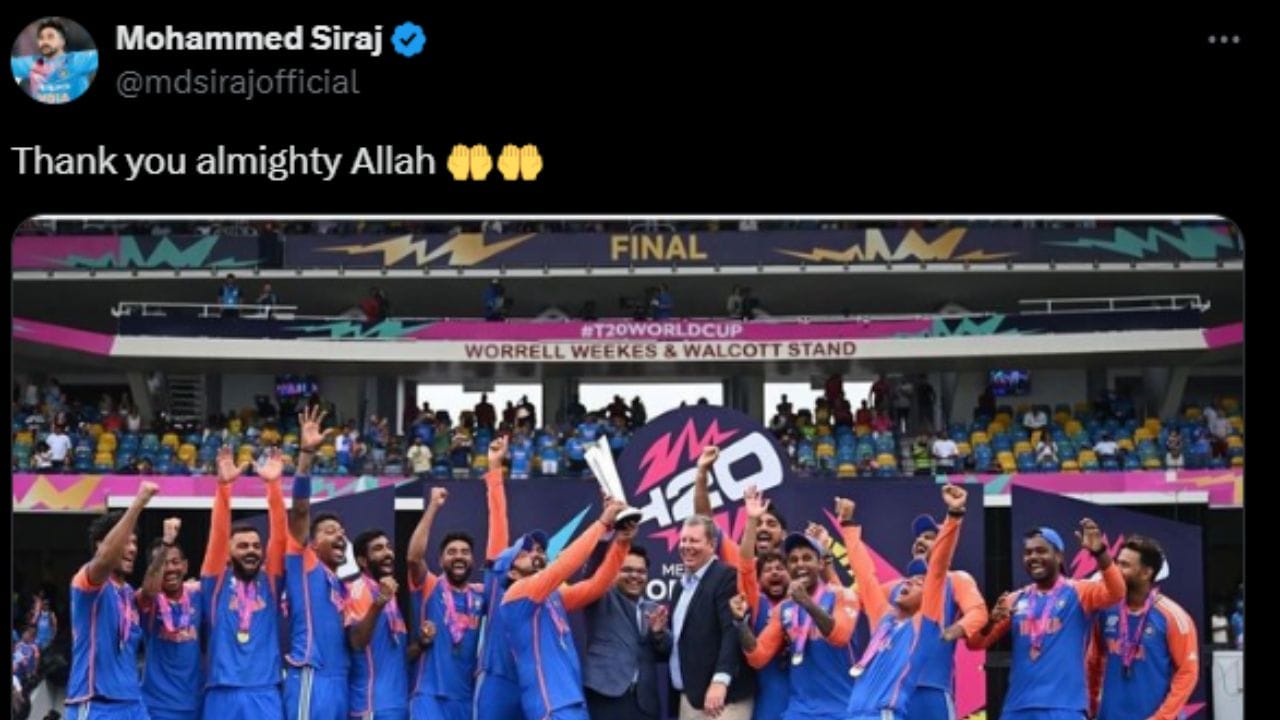 ടി20 ലോകകപ്പ് വിജയത്തില്‍ ഇന്ത്യയുടെ വിജയത്തിന് പിന്നാലെ 'അല്ലാഹുവിന് നന്ദി' എന്ന് ട്വീറ്റ് ഇട്ട പേസര്‍ മുഹമ്മദ് സിറാജിനെതിരെ ഹിന്ദുത്വ സൈബര്‍ ആക്രമണം. ട്വീറ്റ് പോസ്റ്റ് ചെയ്തതിന് പിന്നാലെയാണ് സ്‌ക്വാഡ് അംഗമായ സിറാജിന് നേരെ എക്‌സില്‍ വിദ്വേഷ ആക്രണം ആരംഭിച്ചത്.
Image: X
