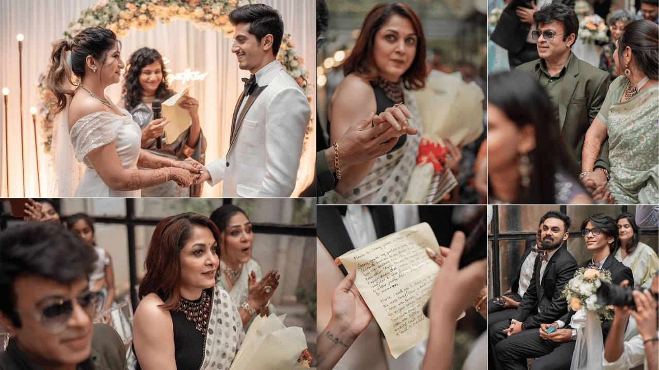 നടി രമ്യ കൃഷ്ണൻ ഉൾപ്പെടെയുള്ള സെലിബ്രിറ്റികൾ വിവാഹത്തിൽ പങ്കെടുത്തിരുന്നു. നേരത്തെ ഇരുവരുടേയും ഹൽദി ആഘോഷത്തിൽ നിന്നുള്ള വീഡിയോയും ചിത്രങ്ങളും വൈറലായിരുന്നു. റിയാസ് ഖാന്റെ വൈറലായ 'അടിച്ചു കയറി വാ' എന്ന ഡയലോഗ് ഉൾപ്പെടുത്തിയ റാപ്പ് ഗാനത്തിന്റെ അകമ്പടിയോടെയാണ് ഹൽദി വീഡിയോ ഒരുക്കിയിരുന്നത്. (Image credit: Instagram)
