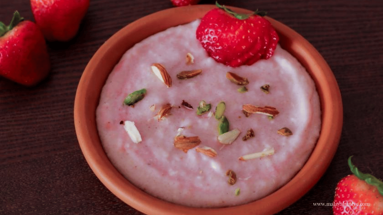 ഇത് നന്നായിട്ടൊന്ന് കുറുകി തുടങ്ങുമ്പോൾ ഇതിലേക്ക് അരച്ചു വെച്ചിട്ടുള്ള സ്ട്രോബെറി കൂടി ചേർക്കുക. ഇനി അതിലേയ്ക്ക് ഏലയ്ക്കാ പൊടിയും കൂടി ചേർത്ത് നന്നായി ഇളക്കി അല്പം നെയ്യിൽ വറുത്തെടുത്തിട്ടുള്ള അണ്ടിപരിപ്പും ഉണക്ക മുന്തിരിയും കൂടി ചേർക്കുന്നതോടെ സ്ട്രോബെറി പായസം തയ്യാറാവും. 
