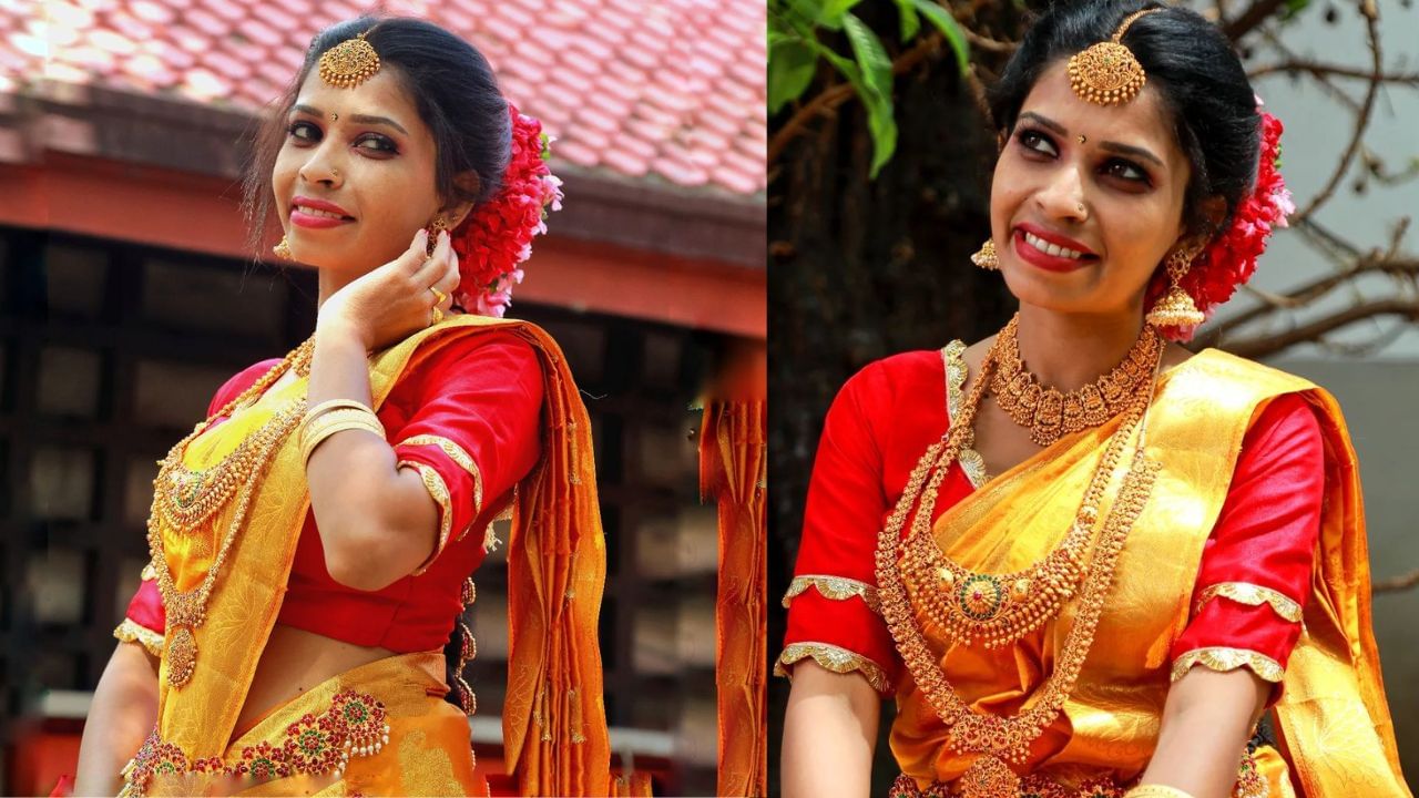 സാരിക്ക് കോണ്‍ട്രാസ്റ്റായി ചുവപ്പ് ബ്ലൗസ് ആണ് അണിഞ്ഞത്. സാരിക്ക് മാച്ചായി ആന്റിക് ആഭരണങ്ങളും രേണു സ്റ്റൈല്‍ ചെയ്തിട്ടുണ്ട്. കൂടാതെ മുത്തുകള്‍ പതിച്ച വലിയ ജമിക്കി കമ്മലും നെറ്റിച്ചുട്ടിയും ഹിപ് ചെയ്‌നും വളകളും രേണുവിന്റെ സൗന്ദര്യം വര്‍ധിപ്പിച്ചു. വളരെ സിംപിള്‍ മേക്കപ്പാണ് രേണു ചെയ്തത്. ഐ ലൈനറും മസ്‌കാരയും ഐലാഷസും ഉപയോഗിച്ചിട്ടുണ്ട്. മുടിയില്‍ ചുവപ്പ്, ലൈറ്റ് റോസ് എന്നീ നിറങ്ങളിലുള്ള പൂക്കളാണ് വെച്ചത്. (Image Credits: Instagram)