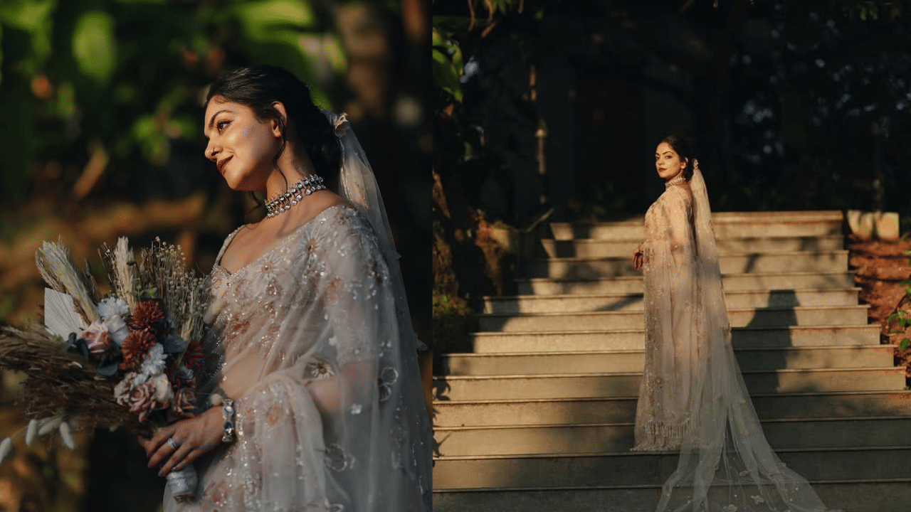 ക്രിസ്ത്യൻ വധുവായി അണിഞ്ഞൊരുങ്ങിയ അഹാനയുടെ മനോഹരമായ ചിത്രങ്ങളാണ് സമൂഹമാധ്യമങ്ങളിൽ തരം​ഗം സൃഷ്ടിക്കുന്നത്. ലൈറ്റ് ഷെയ്ഡ് പേസ്റ്റൽ നിറത്തിലുള്ള നെറ്റ് സാരിയിൽ മിനിമൽ ആഭരണങ്ങൾ ധരിച്ചാണ് താരം ഫോട്ടോഷൂട്ട് നടത്തിയിരിക്കുന്നത്. (Image Credits: Instagram) 
