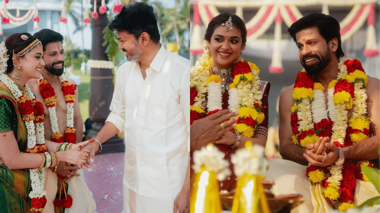 "ഞങ്ങളുടെ സ്വപ്ന വിവാഹത്തിൽ പങ്കെടുത്ത് ഞങ്ങളുടെ ഡ്രീം ഐക്കൺ അനുഗ്രഹിച്ചപ്പോൾ- ഒരുപാട് സ്നേഹത്തോടെ നൻപിയും നൻപനും" എന്ന അടിക്കുറിപ്പോടെയാണ് കീർത്തി ചിത്രങ്ങൾ പങ്കുവെച്ചത്. (Image Credits: Keerthy Suresh Instagram)