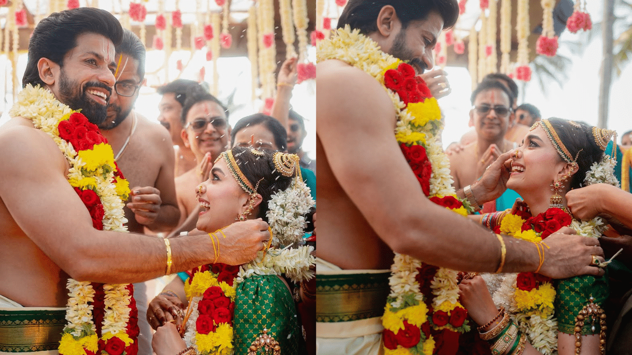 പ്രശസ്ത ഡിസൈനർ അനിത ഡോംഗ്രെയാണ് കീർത്തിയുടെ വിവാഹസാരി ഡിസൈൻ ചെയ്തത്. മഞ്ഞയും പച്ചയും ചേർന്ന കാഞ്ചീപുരം സാരിയാണ് കീർത്തി വിവാഹത്തിന് ധരിച്ചത്. വൈര ഊസി എന്ന പരമ്പരാഗത രീതിയിലാണ് ഈ സാരി നെയ്തെടുത്തിട്ടുള്ളത്. (Image Credits: Keerthy Suresh Instagram)