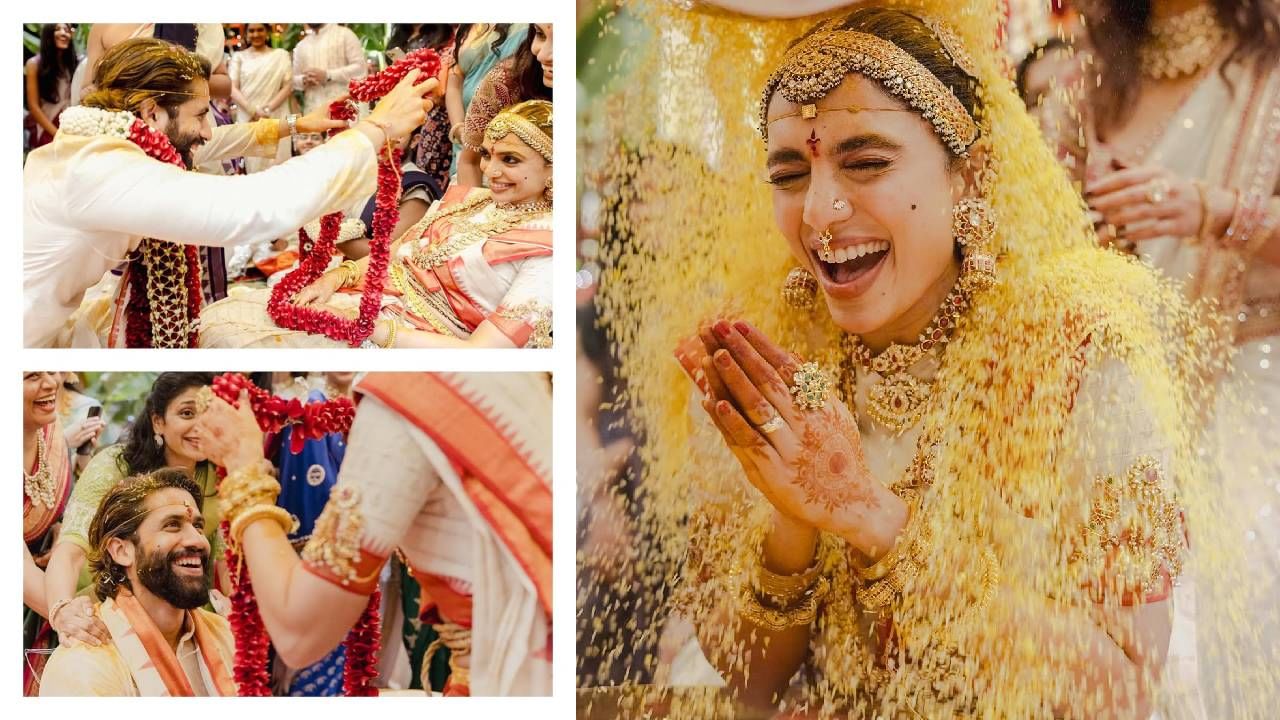 സ്വര്‍ണ നിറത്തിലുള്ള കാഞ്ചീവരം സില്‍ക് സാരിയാണ് ശോഭിത വിവാഹത്തിനു തിരഞ്ഞെടുത്തത്. സാരിക്ക് ചേരുന്ന ട്രഡീഷണല്‍ ആഭരണങ്ങളില്‍ ശോഭിതയെ അതി സുന്ദരിയായി കാണപ്പെടുന്നു. നീട്ടി വളര്‍ത്തിയ താടിയും മുടിയും വെട്ടാത്ത ഗെറ്റപ്പില്‍ തന്നെയാണ് നാഗ ചൈതന്യ.(image credits:instagram)