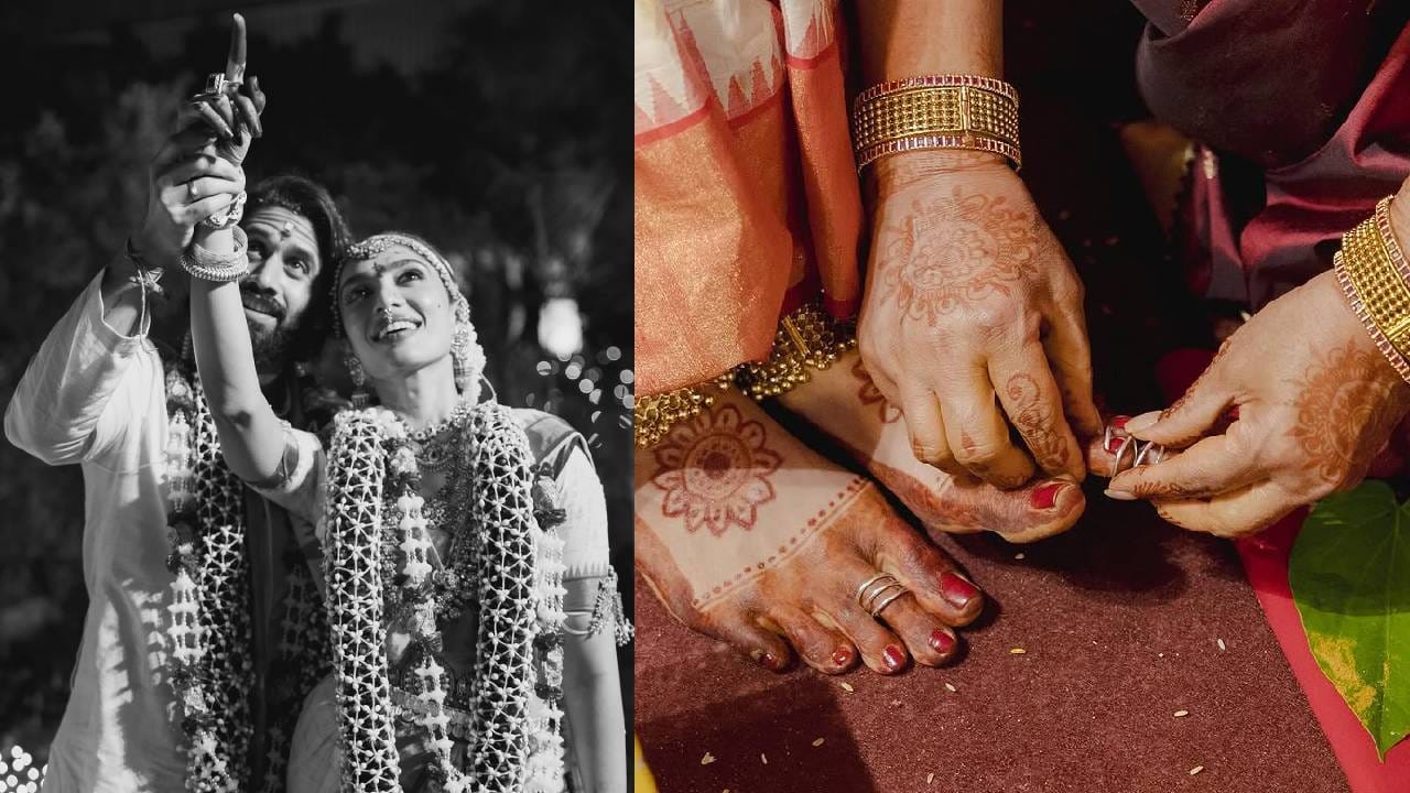 പരമ്പരാ​ഗത ചടങ്ങോടെ നടന്ന വിവാഹമായിരുന്നു ഇരുവരുടേതും.  നാഗ ചൈതന്യ താലിചാര്‍ത്തുന്നതിന്റെയും ശോഭിതയുടെ കാല്‍വിരലില്‍ മിഞ്ചി അണിയിക്കുന്നതിന്റെയുമൊക്കെ ചിത്രത്തിൽ കാണാം.  പൊന്നില്‍ കുളിച്ച് ശോഭിതയെയാണ് കാണാൻ പറ്റുന്നത്. (image credits:instagram)
