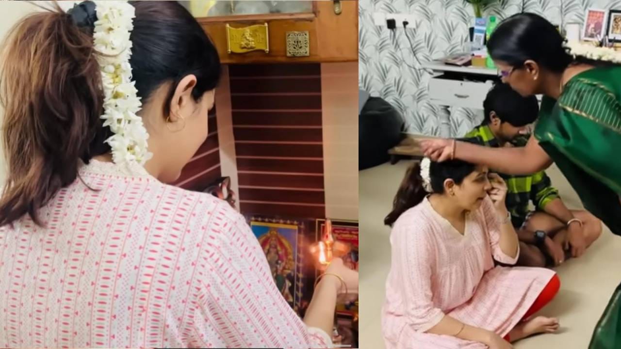 സാരി ധരിച്ച് വരാമായിരുന്നില്ലേയെന്ന് അമ്മയിയമ്മ ചോദിച്ചപ്പോൾ സാരി ഉടുക്കാൻ ബുദ്ധിമുട്ടാണെന്നും ചുരുദാർ പോലും ധരിക്കാൻ വിഷമിക്കുകയാണെന്നുമാണ് ദിയ പറഞ്ഞത്. പൂജ ചടങ്ങുകൾക്ക് പുറപ്പെടാനായി ഇറങ്ങിയ ദിയയ്ക്ക് അമ്മായിയമ്മ സിന്ദൂരം തൊട്ട് കൊടുക്കുന്നതും വീഡിയോയിൽ കാണാം. (​image credits: instagram)