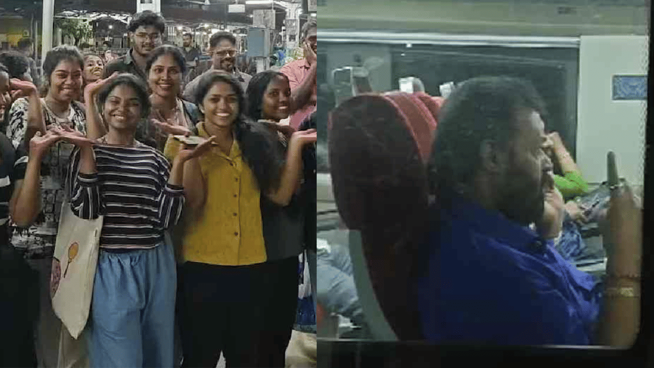 Suresh Gopi: വന്ദേഭാരത്തിൽ സുരേഷ് ഗോപി; പുറത്ത് താരത്തിന്റെ സിഗ്നേച്ചർ സ്റ്റെപ്പുമായി പിള്ളേർ; മണി മുറ്റത്താവണി പന്തൽ റീൽ വൈറൽ