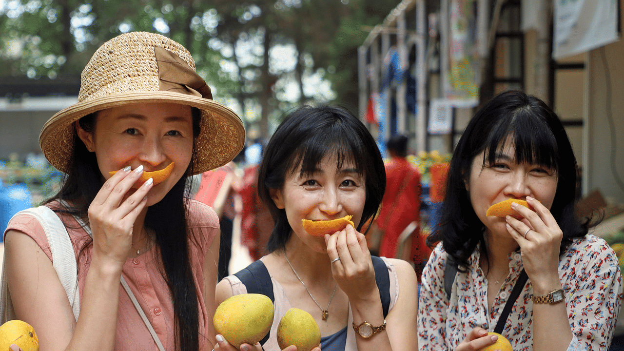 ബിസി 5-ഉം 4-ഉം നൂറ്റാണ്ടുകൾക്കിടയിൽ ബുദ്ധ സന്യാസിമാർ മാമ്പഴ വിത്തുകൾ ഇന്ത്യയിൽ നിന്ന് തെക്കുകിഴക്കൻ ഏഷ്യയിലേക്ക് കൊണ്ടുപോയി. എ.ഡി. ഏഴാം നൂറ്റാണ്ടോടെ, ചൈനീസ് സഞ്ചാരിയായ സുവാൻസാങ് ഇന്ത്യയിൽ നിന്ന് മാമ്പഴം ചൈനയിലേക്ക് കൊണ്ടുവന്നതോടെ അവിടെയും മാമ്പഴം എത്തി