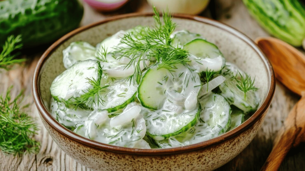 ഒരു വെള്ളരിക്കയെടുത്ത് നന്നായി കഴുകി വട്ടത്തിലോ നീളത്തിലോ കനം കുറച്ച് അരിയുക. ശേഷം ഒരു പാത്രത്തിലേക്ക് അര കപ്പ് കട്ടിയുള്ള തൈര് ചേർക്കുക.  ഇത് സാലഡിന് ക്രീമി ഘടന നൽകുന്നു. ശേഷം ഇതിലേക്ക്, ഒരു നുള്ള് ഉപ്പ്, 1/4 ടീസ്പൂൺ പഞ്ചസാര, 1/4 ടീസ്പൂൺ ചില്ലി ഫ്ലേക്സും കുരുമുളകുപൊടിയും ചേർത്ത് ചൂടാക്കുക.