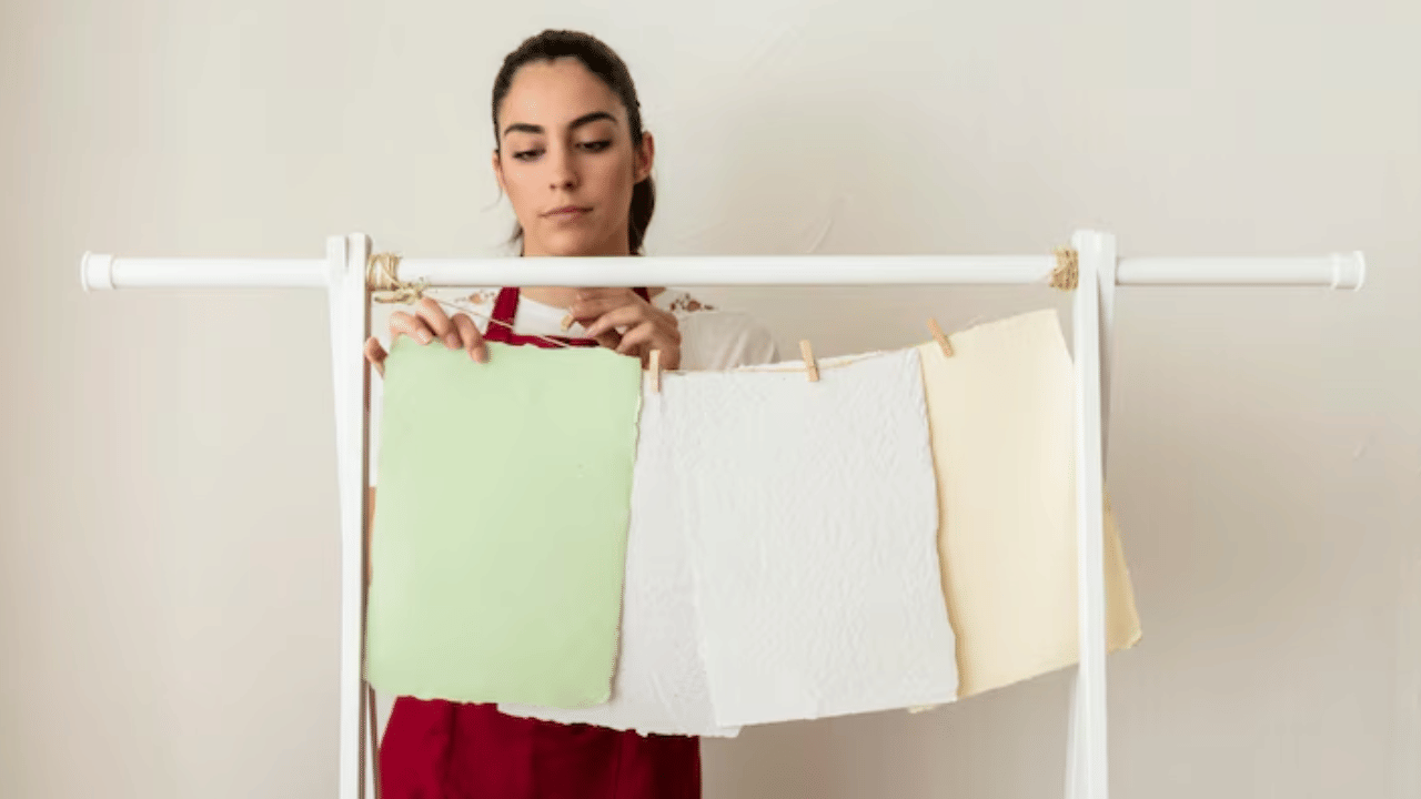 നല്ല വായുസഞ്ചാരമുള്ള മുറിയിൽ ഡ്രൈയിങ് റാക്കിലോ അയയിലോ തുണി വിരിച്ച് ഉണക്കിയെടുക്കാം. തുണി വിരിക്കുന്നതിന് മുമ്പ് അതിലെ പരമാവധി വെള്ളം പിഴിഞ്ഞ് കളയാൻ ശ്രദ്ധിക്കണം. (Image Credits: Freepik)