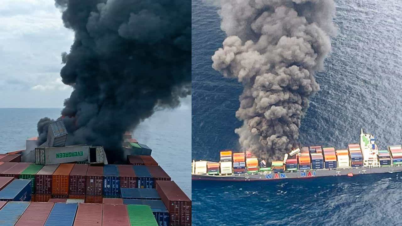 Kozhikode Cargo Ship Fire : കപ്പലിൽ ഉണ്ടായിരുന്നത് 22 പേർ, 18 പേരെ രക്ഷപ്പെടുത്തി, നാല് പേരെ കാണ്മാനില്ല; രക്ഷപ്രവർത്തനം തുടരുന്നു