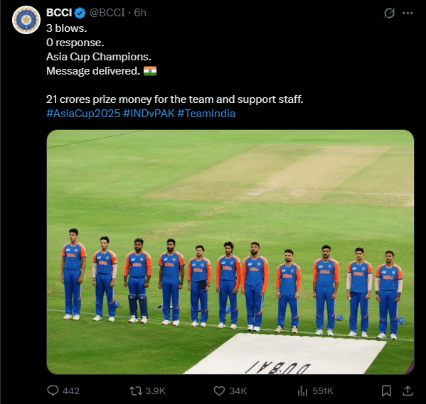 ബിസിസിഐ തന്നെയാണ് ഇക്കാര്യം അറിയിച്ചത്. 'മൂന്ന് അടികൾ, 0 തിരിച്ചടികൾ, ഏഷ്യാ കപ്പ് ജേതാക്കൾ, മെസേജ് ഡെലിവർ ആയിരിക്കുന്നു. ടീം അംഗങ്ങൾക്കും സപ്പോർട്ട് സ്റ്റാഫിനും 21 കോടി പാരിതോഷികം പ്രഖ്യാപിക്കുന്നു.'- എക്സ് പ്ലാറ്റ്ഫോമിൽ ബിസിസിഐ കുറിച്ചു.