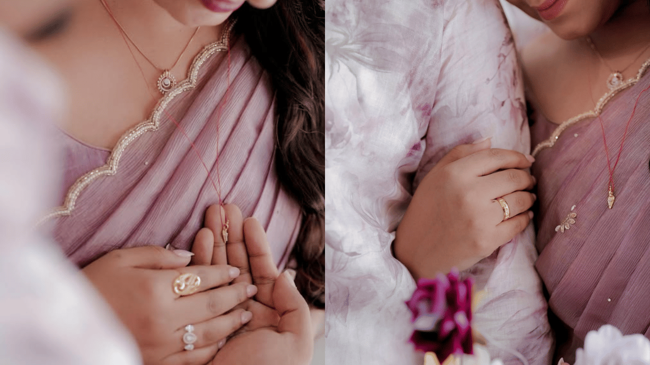 ലാവണ്ടർ ഷെയ്ഡിലുള്ള ഒരു സിംപിൾ സാരിയായിരുന്നു ​ഗ്രേസ് വിവാ​ഹത്തിനു തിരഞ്ഞെടുത്തത്. കഴുത്തിൽ ഡയമണ്ടിന്റെ ചെറിയൊരു പെന്റന്റുള്ള സിംപിൾ ചെയിനും ധരിച്ചിരുന്നു. ലാവണ്ടർ ഷെയ്ഡിലുള്ള കുർത്തയാണ് എബി ധരിച്ചിരുന്നത്. (Image Credit: Instagram)