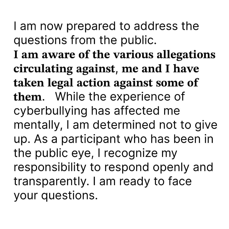 പൊതുശ്രദ്ധയിലുള്ള ഒരു വ്യക്തിയെന്ന നിലയിൽ, തുറന്നതും സുതാര്യവുമായ രീതിയിൽ പ്രതികരിക്കേണ്ടത് തന്റെ ഉത്തരവാദിത്തമാണെന്ന് താൻ തിരിച്ചറിയുന്നു. നിങ്ങളുടെ ചോദ്യങ്ങളെ നേരിടാൻ താൻ തയ്യാറാണെന്ന് മസ്താനി ഇൻസ്റ്റഗ്രാമിൽ പങ്കുവച്ച പോസ്റ്റിൽ പറയുന്നു.

