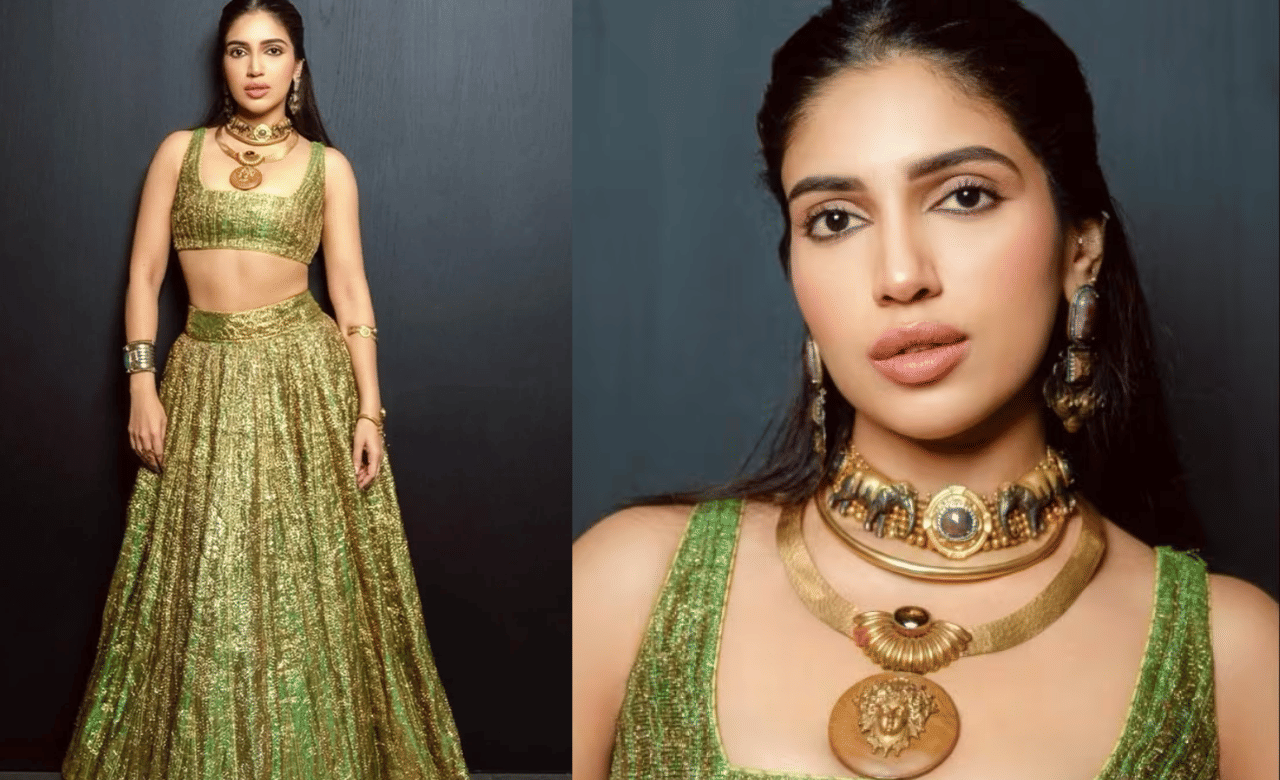 സെപ്റ്റംബർ 26, അഞ്ചാം ദിവസം, ഭൂമി പഡ്‌നേക്കറിനെപ്പോലെ മെറ്റാലിക് പച്ച ലെഹംഗ തിരഞ്ഞെടുക്കാം. സ്റ്റേറ്റ്മെന്റ് നെക്ലേസ് പോലുള്ള ആഭരണങ്ങൾക്കൊപ്പം ധരിച്ചാൽ കൂടുതൽ ആകർഷകമാകും. (Image Creit: Social Media)