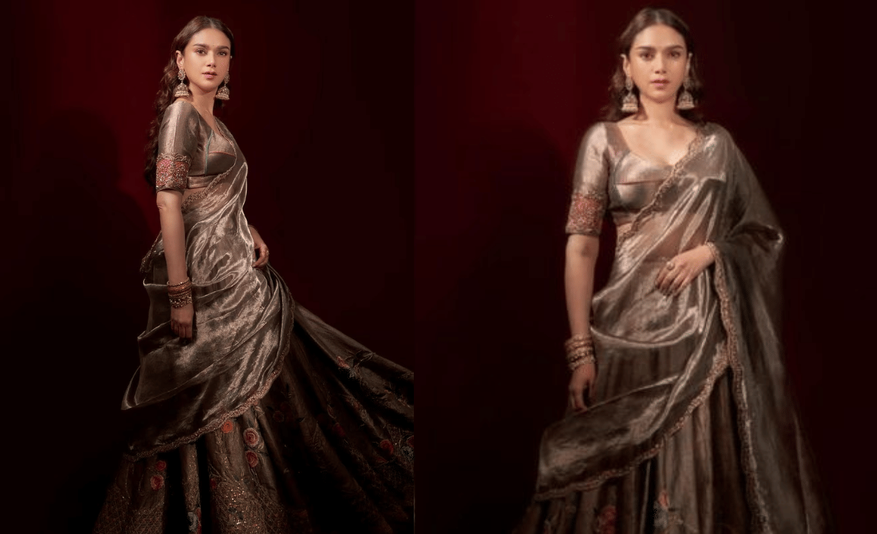 സെപ്റ്റംബർ 27ന് അതിഥി റാവൂന്റെ ഗ്രേ ലെഹങ്ങയിൽ തിളങ്ങാം. വെള്ളി ആഭരണങ്ങൾ ഇതിനൊപ്പം ചേർത്ത് ഈ ലുക്ക് കൂടുതൽ ആകർഷകമാക്കാം. (Image Creit: Social Media)