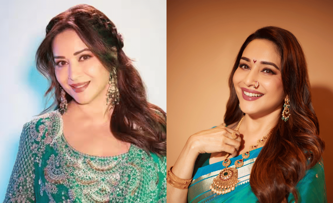 എട്ടാം ദിവസം അതുല്യതയെയും സമാധാനത്തെയും സൂചിപ്പിക്കുന്ന പീക്കോക്ക് ​ഗ്രീൻ തിരഞ്ഞെടുക്കാം. മാധുരി ദീക്ഷിത് ധരിച്ച ഹെവി വർക്കുകളുള്ള  ഫ്യൂഷൻ ഡ്രെസ്സ് മോഡലാക്കാവുന്നതാണ്. (Image Creit: Social Media)