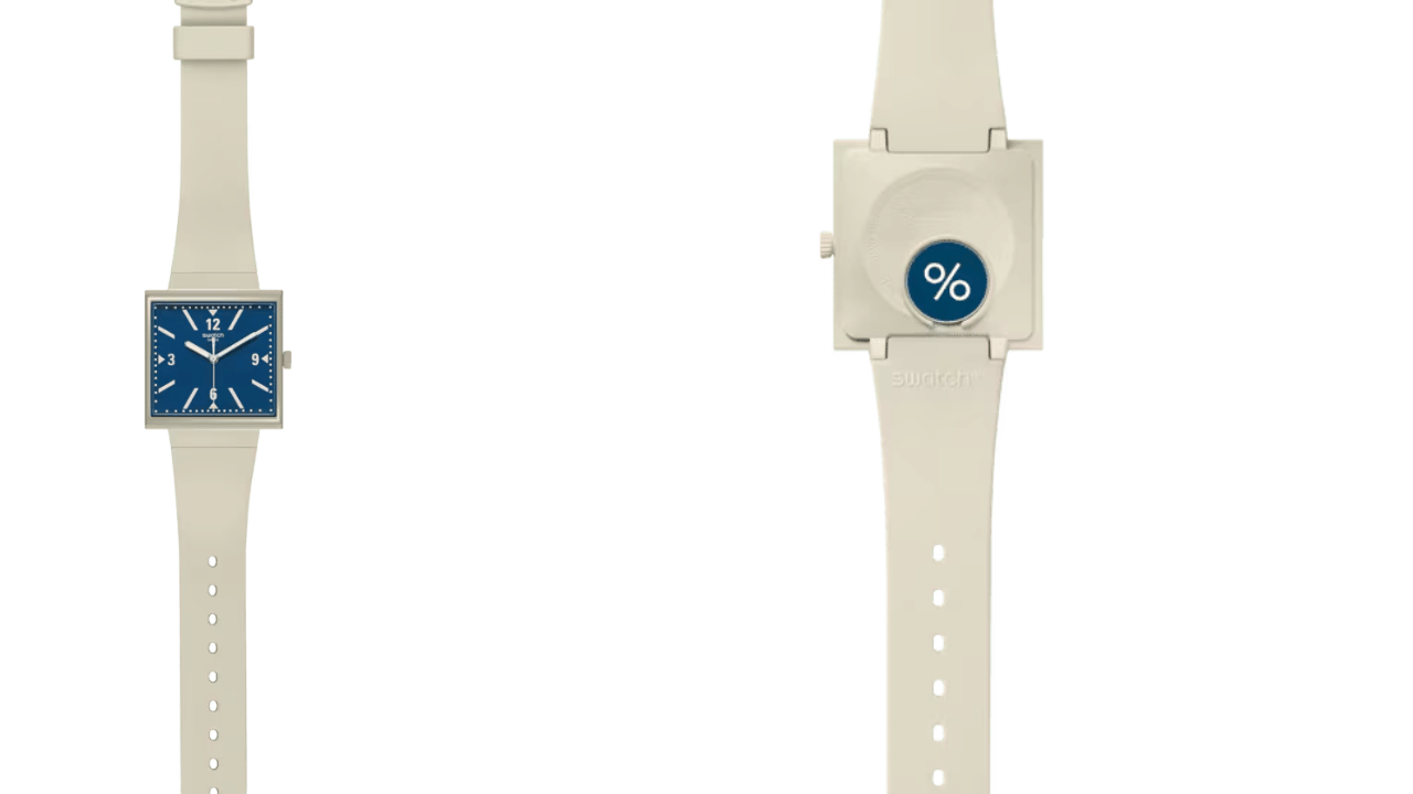 സാധാരണ വാച്ചുകളില്‍നിന്ന് വ്യത്യസ്തമായി 3 എന്ന അക്കത്തിന്റെ സ്ഥാനത്ത് 9-ഉം 9-ന്റെ സ്ഥാനത്ത് 3-ഉം ആണ് ഈ വാച്ചില്‍ നല്‍കിയിരിക്കുന്നത്. ഇത് 39 ശതമാനം തീരുവയെ സൂചിപ്പിക്കുന്നതായാണ് റിപ്പോർട്ട്. (Image Credit: https://www.swatch.com/)