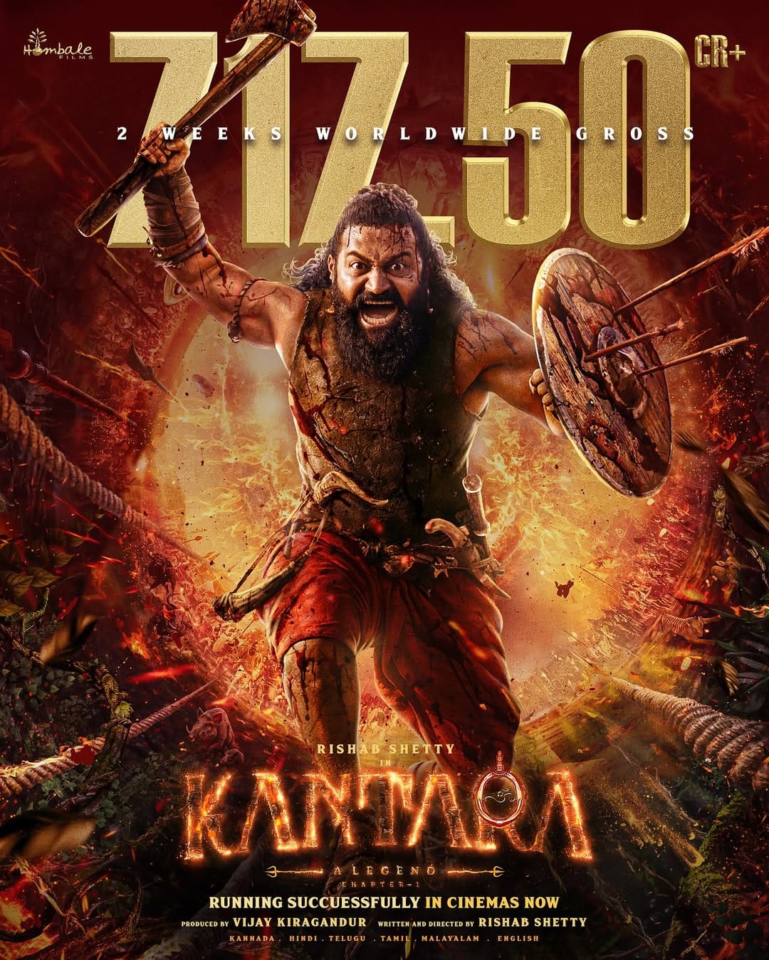 ദസറ റിലീസായാണ് കാന്താര പ്രേക്ഷകരിലേക്ക് എത്തിയത്. രണ്ടാഴ്ച കൊണ്ട് 717.5 കോടി രൂപയാണ് ഇതുവരെ ഗ്രോസ് ബോക്‌സ് ഓഫീസ് നേടിയത്. ചിത്രത്തിന്റെ നിര്‍മ്മാതാക്കളായ ഹോംബാല പ്രൊഡക്ഷന്‍സ് തന്നെയാണ് ഇക്കാര്യം സോഷ്യല്‍ മീഡിയ വഴി അറിയിച്ചത്. 

