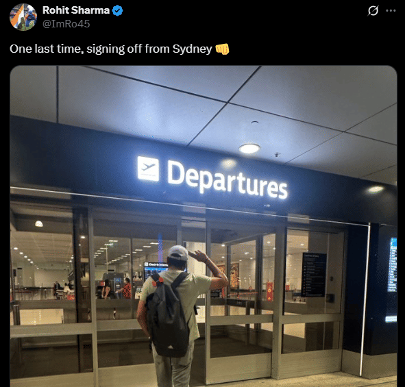 'അവസാനമായി ഒരിക്കൽ കൂടി, സിഡ്നിയിൽ നിന്ന് വിടവാങ്ങുന്നു' എന്ന് രോഹിത് തൻ്റെ എക്സ് ഹാൻഡിലിൽ കുറിച്ചു. ഇനിയൊരിക്കൽ കൂടി ഓസീസ് പര്യടനത്തിനുണ്ടാവില്ലെന്ന സൂചനയാണ് പോസ്റ്റിലൂടെ രോഹിത് നൽകുന്നത്. ഇക്കാര്യം പരമ്പരയ്ക്ക് ശേഷവും രോഹിത് പറഞ്ഞിരുന്നു.
