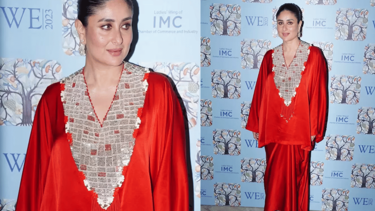 കരീന കപൂർ ഖാന്റെ ഇൻഡോ-വെസ്റ്റേൺ ധോത്തി സ്കർട്ട് സെറ്റ് ആണ് ആദ്യത്തെ ഓപ്ഷൻ. ചുവപ്പ് നിറത്തിലുള്ള എംബല്ലിഷ്ഡ് കുർത്ത, കാൽമുട്ട് വരെ നീളമുള്ള ധോത്തി സ്കർട്ട് സെറ്റിനൊപ്പം ചേർത്തുള്ള ലുക്ക്. സ്വർണ്ണ എംബ്രോയ്ഡറിയുള്ള വി-നെക്ക്‌ലൈനും ബില്ലോവ് സ്ലീവുകളും ഔട്ട്ഫിറ്റിന്റെ ഭം​ഗി കൂട്ടുന്നു. (Image Credit: Social Media)