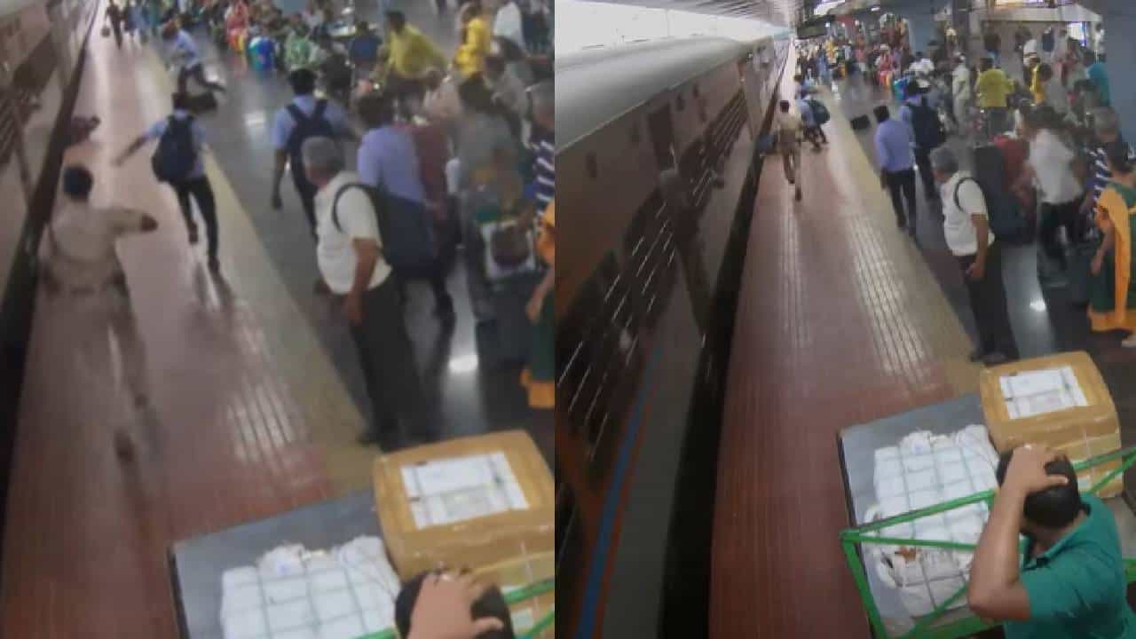 Slips Boarding Train: ഓടുന്ന ട്രെയിനില്‍ കയറാന്‍ശ്രമം, തെന്നിവീണ് യുവാവ്; സാഹസികമായി രക്ഷിച്ച് ആർപിഎഫ് ഉദ്യോഗസ്ഥന്‍