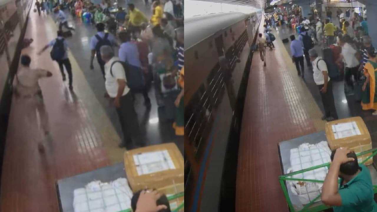 Slips Boarding Train: ഓടുന്ന ട്രെയിനില്‍ കയറാന്‍ശ്രമം, തെന്നിവീണ് യുവാവ്; സാഹസികമായി രക്ഷിച്ച് ആർപിഎഫ് ഉദ്യോഗസ്ഥന്‍