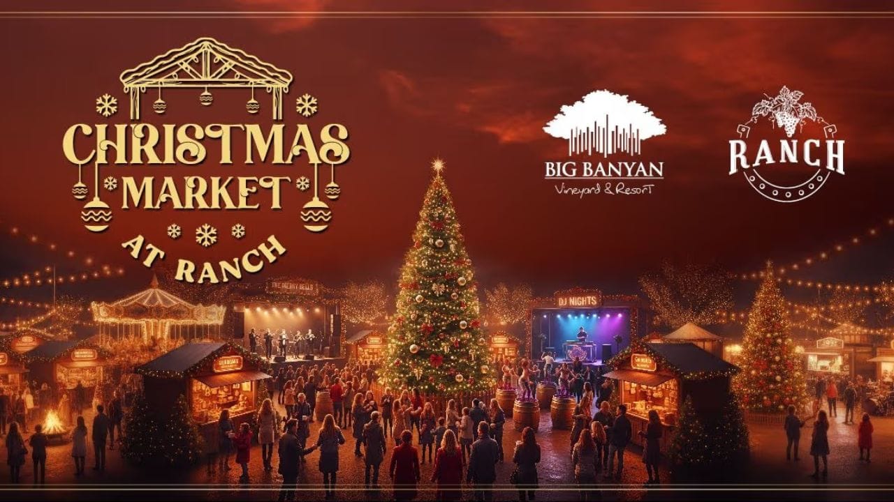 1വിൻയാർഡ് ക്രിസ്മസ് മാർക്കറ്റ് - യൂറോപ്യൻ ശൈലിയിലുള്ള ഒരു അത്ഭുത ലോകമാണ് ഇവിടെ ഒരുക്കിയിരിക്കുന്നത്. മുന്തിരിത്തോട്ടങ്ങൾക്കിടയിൽ ക്രിസ്മസ് സമ്മാനങ്ങൾ, കരകൗശല വസ്തുക്കൾ, ചോക്ലേറ്റുകൾ എന്നിവയുടെ സ്റ്റാളുകൾ ഉണ്ടാകും. മൾഡ് വൈൻ, കേക്ക് മിക്സിംഗ്, സാന്താക്ലോസുമായുള്ള കൂടിക്കാഴ്ച, ഡോഗ് ഷോ എന്നിവയാണ് പ്രധാന ആകർഷണങ്ങൾ. ഡിസംബർ 25ന് രാവിലെ 10:00 മുതൽ റാഞ്ച്, ബിഗ് ബനിയൻ വിൻയാർഡിലാണ് പാർട്ടി നടക്കുക. പ്രവേശനം സൗജന്യമാണ്.