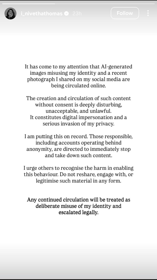സോഷ്യൽ മീഡിയയിൽ താൻ സമീപകാലത്ത് പങ്കുവച്ച ചിത്രങ്ങൾ എഐ ഉപയോഗിച്ച് ദുരുപയോഗം ചെയ്ത് പ്രചരിപ്പിക്കുന്നത് ചന്റെ ശ്രദ്ധയിൽപെട്ടു. ഇത്തരം ചിത്രങ്ങൾ നിർമിക്കുന്നതും പ്രചരിപ്പിക്കുന്നതും നിയമവിരുദ്ധവും അംഗീകരിക്കാനാവത്തതുമാണ്.