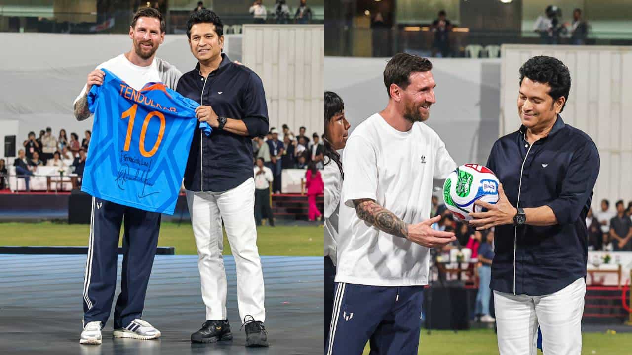 Sachin Tendulkar meets Lionel Messi: രണ്ട് ഇതിഹാസങ്ങൾ ഒറ്റ ഫ്രെയിമിൽ; മെസിക്ക് ജഴ്സി സമ്മാനിച്ച് സച്ചിൻ; വാങ്കഡെയിൽ ചരിത്ര നിമിഷം Sachin Tendulkar meets Lionel Messi: രണ്ട് ഇതിഹാസങ്ങൾ ഒറ്റ ഫ്രെയിമിൽ; മെസിക്ക് ജഴ്സി സമ്മാനിച്ച് സച്ചിൻ; വാങ്കഡെയിൽ ചരിത്ര നിമിഷം