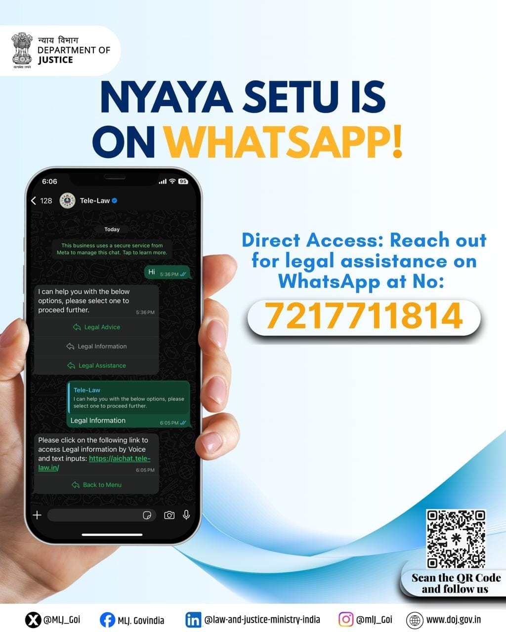വാട്സപ്പിലൂടെ സൗജന്യ നിയമസഹായം ലഭ്യമാക്കുന്ന സേവനമാണ് ന്യായ സേതു. നീതി ന്യായ സേവനങ്ങൾ സാധാരണക്കാരിലേക്ക് വേഗത്തിൽ എത്തിക്കുക എന്ന ലക്ഷ്യത്തോടെയുള്ള കേന്ദ്രസർക്കാരിൻ്റെ ഈ പുതിയ പദ്ധതി വളരെ എളുപ്പത്തിൽ നമുക്ക് ഉപയോഗിക്കാനാവും. (Social Media)
