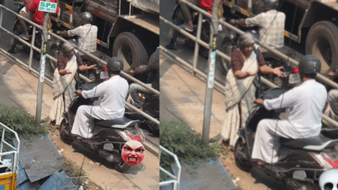 ഫുട്പാത്തിലൂടെ വണ്ടി ഓടിച്ചെത്തിയ ആളെ തടഞ്ഞ് വയോധിക, വീഡിയോ വൈറൽ
