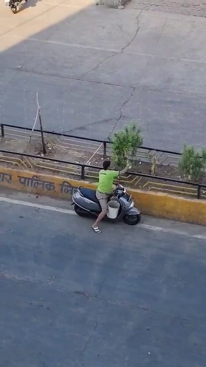 പൊതുനിരത്തിലെ ചെടികള്‍ നനയ്ക്കുന്ന യുവാവ്; കയ്യടിച്ച് സോഷ്യല്‍ മീഡിയ