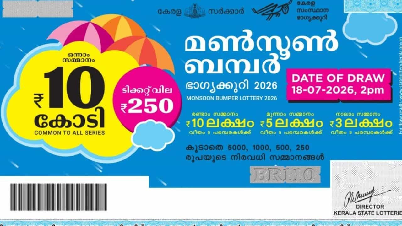 Monsoon Bumper Lottery 2026: കോടികള് കൊണ്ട് അമ്മാനമാടാം; മണ്സൂണ് ബമ്പര് ലോട്ടറിക്ക് എത്ര സമ്മാനങ്ങളാണ്, ടിക്കറ്റ് വിലയും കുറവ് Monsoon Bumper Lottery 2026: കോടികള് കൊണ്ട് അമ്മാനമാടാം; മണ്സൂണ് ബമ്പര് ലോട്ടറിക്ക് എത്ര സമ്മാനങ്ങളാണ്, ടിക്കറ്റ് വിലയും കുറവ്
