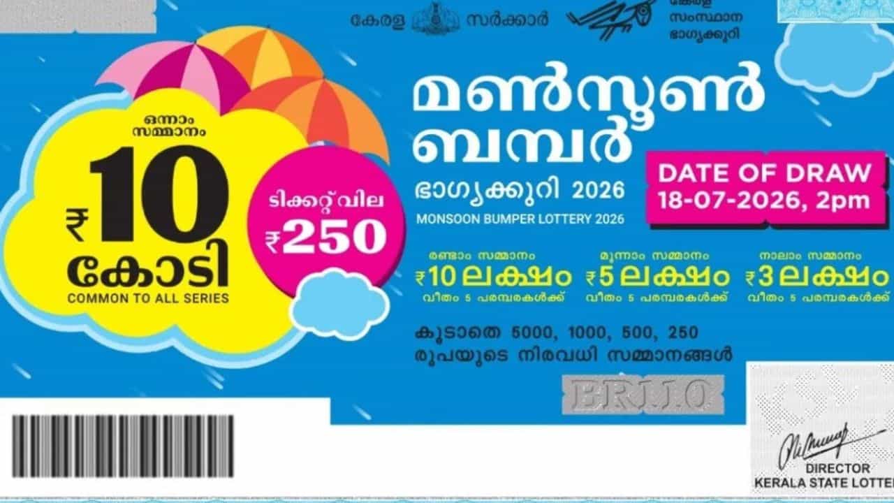 Monsoon Bumper Lottery: 10 കോടി വിട്ടുകളയല്ലേ മക്കളേ...മണ്സൂണ് ബമ്പര് നറുക്കെടുക്കാറായി Monsoon Bumper Lottery: 10 കോടി വിട്ടുകളയല്ലേ മക്കളേ...മണ്സൂണ് ബമ്പര് നറുക്കെടുക്കാറായി