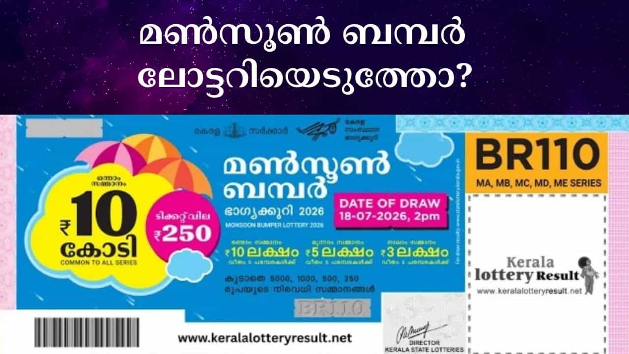 Monsoon Bumper Lottery 2026: നാളുമെണ്ണിയിരുന്നു നാം....മണ്സൂണ് ബമ്പര് ലോട്ടറി നറുക്കെടുപ്പായി; 10 കോടി വേണ്ടേ നമുക്ക്? Monsoon Bumper Lottery 2026: നാളുമെണ്ണിയിരുന്നു നാം....മണ്സൂണ് ബമ്പര് ലോട്ടറി നറുക്കെടുപ്പായി; 10 കോടി വേണ്ടേ നമുക്ക്?