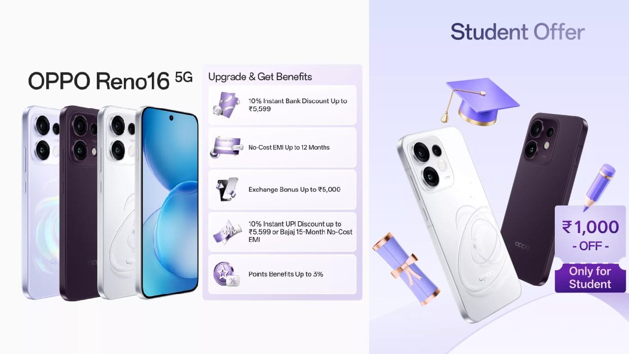 വില, ഡിസ്കൗണ്ട്: ഓപ്പോ റെനോ 16 5ജിയുടെ 8GB+ 256GB അ‌ടിസ്ഥാന വേരിയന്റിന് 61,999 രൂപയും 12GB+ 256GB വേരിയന്റിന് 67,999 രൂപയുമാണ് വില. ലോഞ്ച് ഓഫറിന്റെ ഭാഗമായി 10 ശതമാനം ഡിസ്കൗണ്ട് ഇതിന് ലഭ്യമാണ്. അ‌തിനാൽ അ‌ടിസ്ഥാന മോഡലിന് 6199 രൂപയുടെയും ടോപ് വേരിയന്റിന് 6799 രൂപയുടെയും ഡിസ്കൗണ്ട് കിട്ടും. 