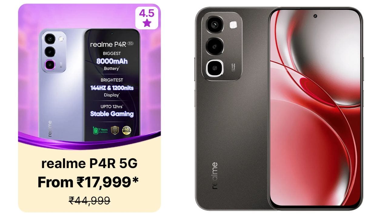 റിയൽമി P4R 5ജി: റിയൽമി P4R 5ജിയുടെ (realme P4R 5G) അ‌ടിസ്ഥാന വേരിയന്റ് നിലവിൽ 20,499 രൂപ പ്രാരംഭ വിലയിലാണ് ഫ്ലിപ്പ്കാർട്ട് ലിസ്റ്റ് ചെയ്തിരിക്കുന്നത്. ഇതിന് 1425 രൂപ വരെ ഡിസ്കൗണ്ട് ലഭ്യമാണ്. ഡിസ്കൗണ്ട് പ്രയോജനപ്പെടുത്തിയാൽ 17574 രൂപ പ്രാരംഭ വിലയിൽ ഈ 5ജി ഫോൺ സ്വന്തമാക്കാനാകും. 