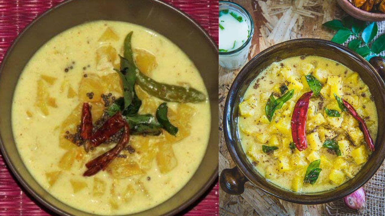 വെന്ത ആപ്പിളിലേക്ക് തയ്യാറാക്കിവെച്ച തേങ്ങാ അരപ്പ് ചേർത്ത് ചെറുതീയിൽ നന്നായി ഇളക്കുക. അരപ്പിന്റെ പച്ചമണം മാറും വരെ 1-2 മിനിറ്റ് ചൂടാക്കുക. ഇതിലേക്ക് കട്ട ഉടച്ച തൈര് ചേർത്ത് ഇളക്കി തീ അണയ്ക്കുക. മറ്റൊരു ചെറിയ പാനിൽ വെളിച്ചെണ്ണ ചൂടാക്കി കടുക് പൊട്ടിക്കുക. വറ്റൽ മുളകും കറിവേപ്പിലയും ചേർത്ത് മൂപ്പിച്ച് കിച്ചടിയിലേക്ക് ഒഴിക്കുക. താളിപ്പ് കരിഞ്ഞുപോകാതെ ശ്രദ്ധിക്കണം. 
