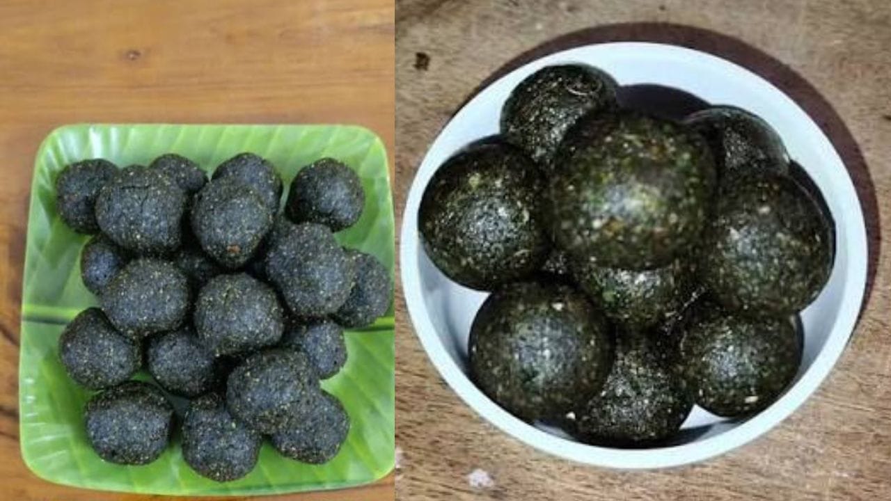 ആറിയ കറിവേപ്പില, ഏലയ്ക്ക, ബദാം എന്നിവ മിക്സിയുടെ ജാറിലേക്ക് മാറ്റുക. വെള്ളം അല്പം പോലും ചേർക്കാതെ, ചെറുതായി തരിയോടുകൂടി പൊടിച്ചെടുത്ത് മാറ്റി വെക്കുക. അതേ പാനിൽ തന്നെ, ചിരകിയ തേങ്ങ ഇളം സ്വർണ്ണനിറമാകുന്നതുവരെയും നല്ല മണം വരുന്നത് വരെയും വറുത്തെടുക്കുക.  ഇത് തണുത്ത ശേഷം പൊടിച്ചെടുക്കുക. പാൻ വീണ്ടും ചൂടാക്കി, അല്പം വെള്ളം ചേർത്ത് ശർക്കര ഉരുക്കുക. ശർക്കര പൂർണ്ണമായും ഉരുകി കട്ടിയുള്ള പാനി പരുവത്തിലാകുന്നത് വരെ വേവിക്കുക. 
