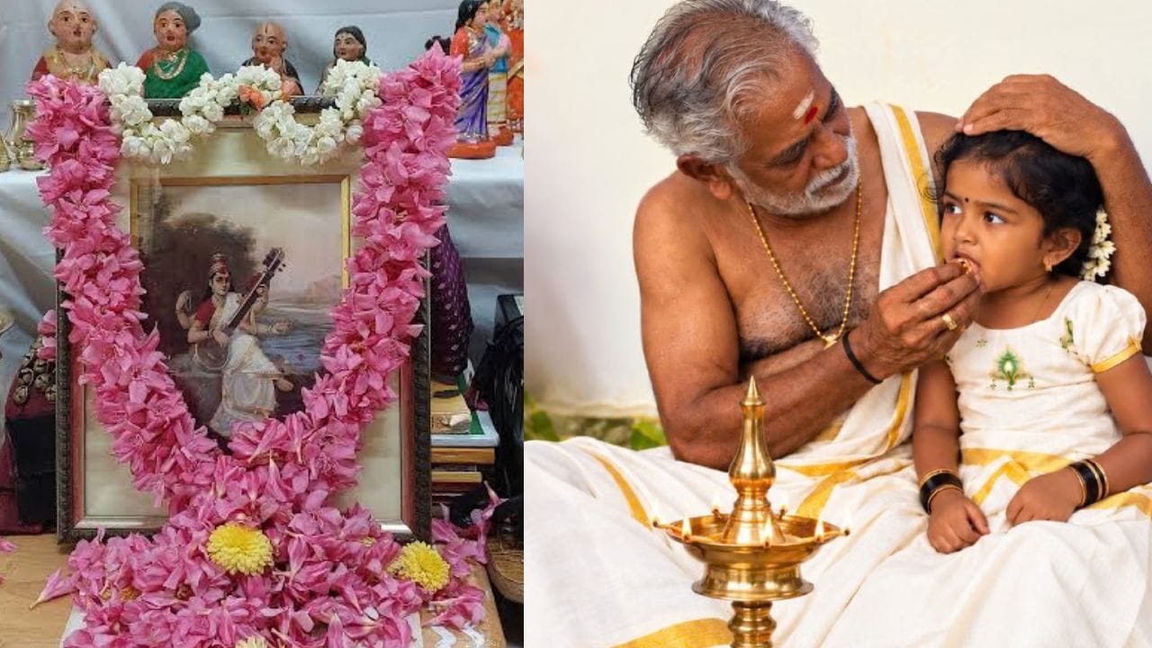 ഇന്ന് പൂജവെപ്പ്. അസ്തമയത്തിൽ അഷ്ടമി തീയതി വരുന്ന ദിവസമാണ് പൂജ വയ്ക്കുന്നത്. അത്തരത്തിൽ ഇന്ന് വൈകിട്ട് ആറുമണി മുതൽ ഏഴ് മണി വരെ പൂജ വയ്ക്കാം. കേരളത്തിലെ വിവിധ ക്ഷേത്രങ്ങളിൽ പൂജവെപ്പിനുള്ള സജ്ജീകരണങ്ങൾ ഒരുക്കിയിട്ടുണ്ട്. മാത്രമല്ല ക്ഷേത്രങ്ങളിൽ അല്ലെങ്കിൽ വീടുകളിലും പൂജ വയ്ക്കാവുന്നതാണ്. ആയുധങ്ങൾ പൂജ വയ്ക്കേണ്ടത് ഇന്നല്ല നാളെയാണ്, അതായത് ഒക്ടോബർ 19ന് വൈകിട്ട്. നാളെ ആറുമണി മുതൽ ഏഴര വരെയാണ് ആയുധ പൂജയ്ക്ക് ഏറ്റവും ഉത്തമമായ സമയം.(IMAGE CREDIT SOURCE: TV9 NETWORK,PTI)